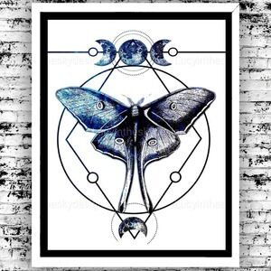 Luna Moth Moon Geometry Spiritual Art Print Blue 8.5x11